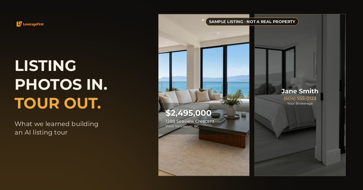 Frames from a LeverageFirst AI listing tour: living room with price and address card, bedroom with agent card